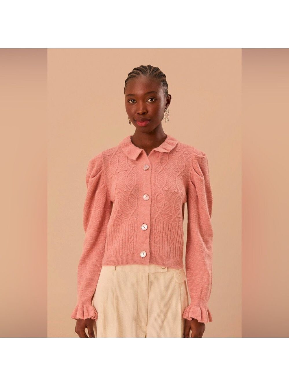 Farm Rio Light Pink Ruffle Knit Cardigan